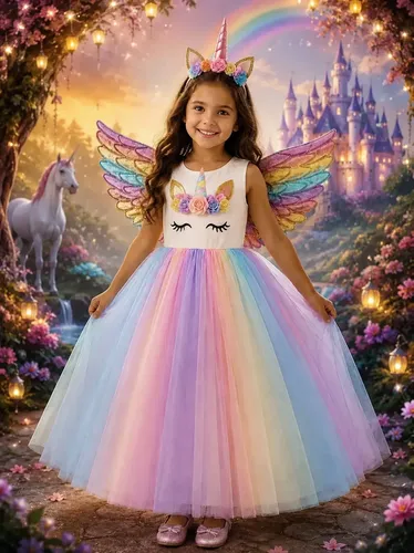 Fantasia Infantil Menina Vestido Asa Tiara Festa Unicórnio